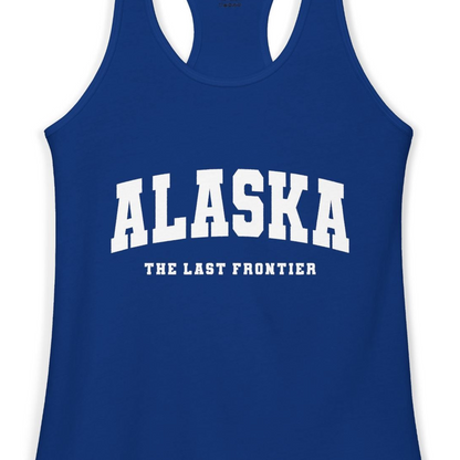 Alaska The Last Frontier Bold Collegiate Vintage State Pride Shirt — Ladies Tank Ladies Tank Top – Solid Royal – Alaska Cruise Shirts Close Up
