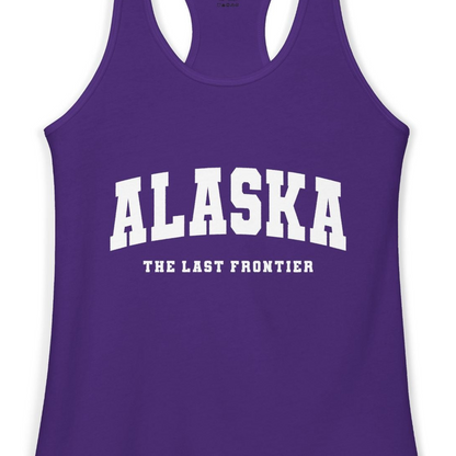 Alaska The Last Frontier Bold Collegiate Vintage State Pride Shirt — Ladies Tank Ladies Tank Top – Solid Purple Rush – Alaska Cruise Shirts Close Up
