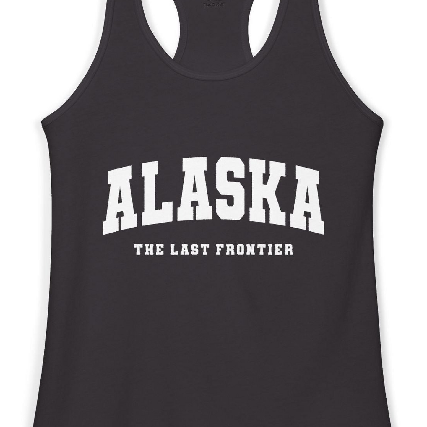 Alaska The Last Frontier Bold Collegiate Vintage State Pride Shirt — Ladies Tank Ladies Tank Top – Black – Alaska Cruise Shirts Close Up