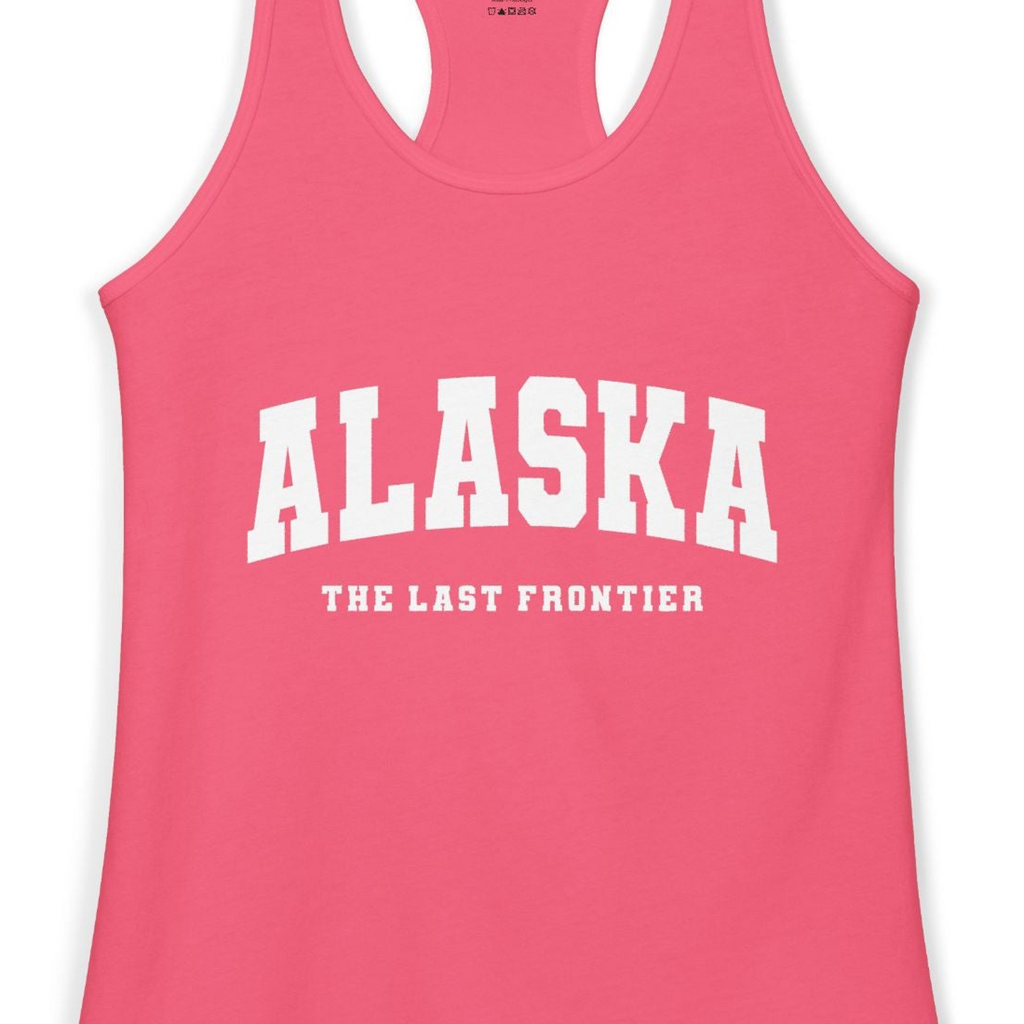Alaska The Last Frontier Bold Collegiate Vintage State Pride Shirt — Ladies Tank Ladies Tank Top – Hot Pink – Alaska Cruise Shirts Close Up