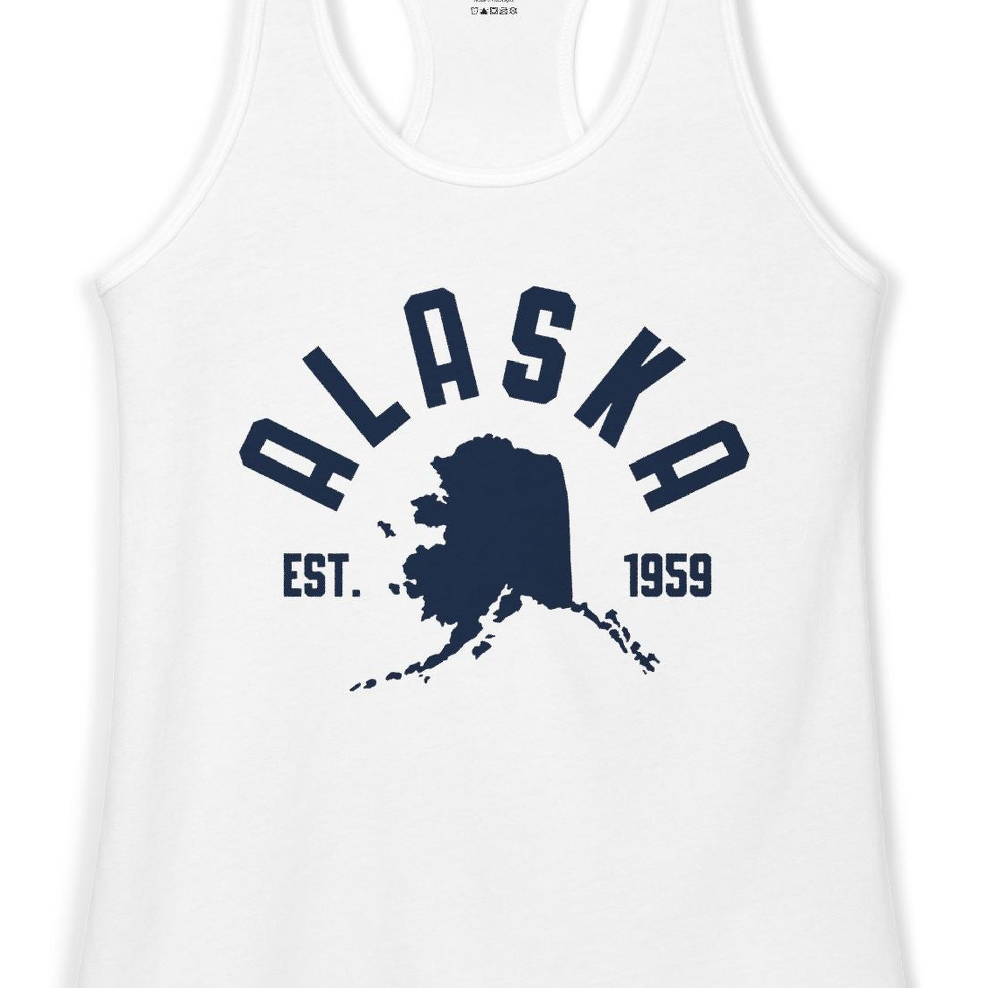 Vintage Alaska State Outline Est 1959 Retro Collegiate Shirt — Ladies Tank Ladies Tank Top – White – Alaska Cruise Shirts Close Up