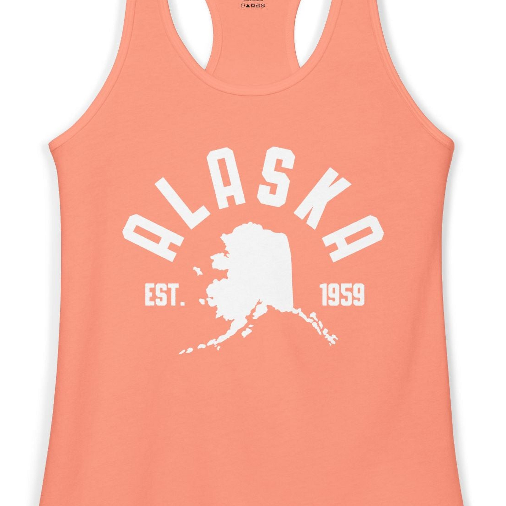 Vintage Alaska State Outline Est 1959 Retro Collegiate Shirt — Ladies Tank Ladies Tank Top – Solid Light Orange – Alaska Cruise Shirts Close Up