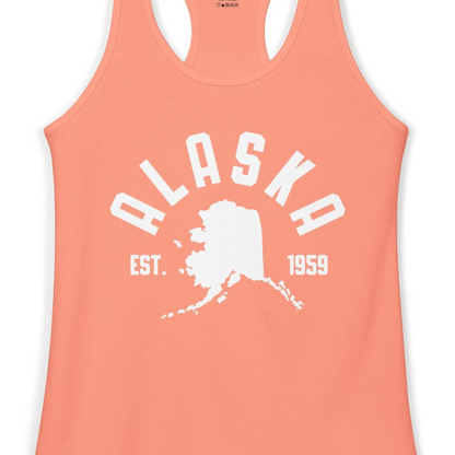 Vintage Alaska State Outline Est 1959 Retro Collegiate Shirt — Ladies Tank Ladies Tank Top – Solid Light Orange – Alaska Cruise Shirts Close Up