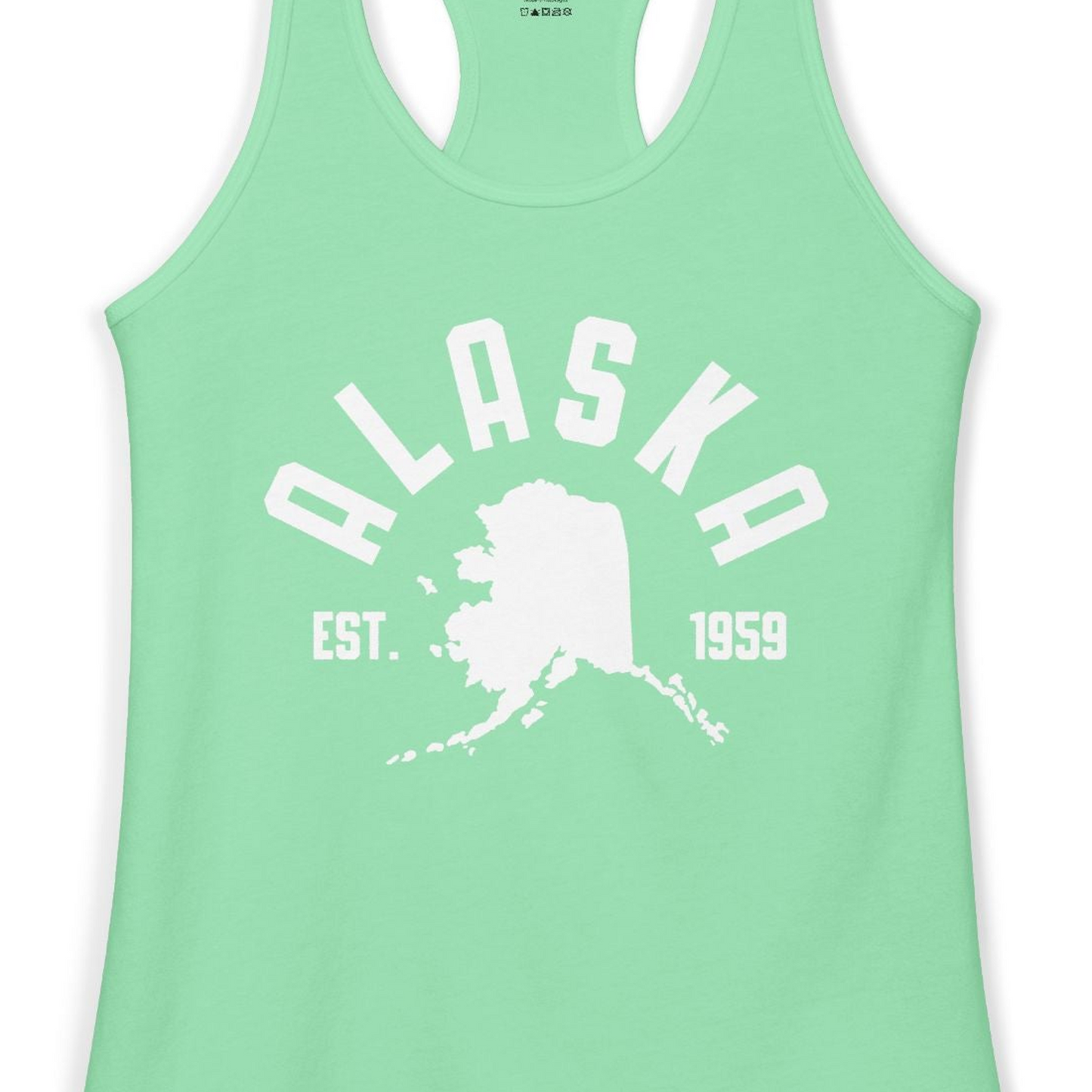Vintage Alaska State Outline Est 1959 Retro Collegiate Shirt — Ladies Tank Ladies Tank Top – Solid Mint – Alaska Cruise Shirts Close Up