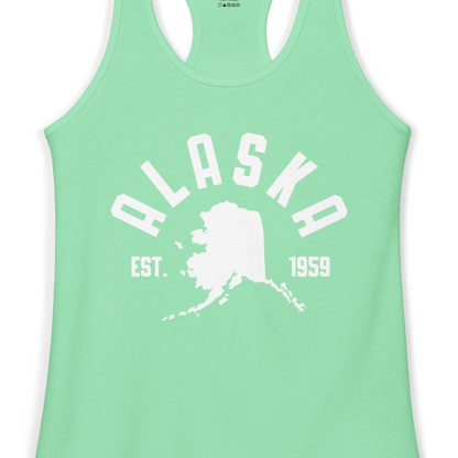 Vintage Alaska State Outline Est 1959 Retro Collegiate Shirt — Ladies Tank Ladies Tank Top – Solid Mint – Alaska Cruise Shirts Close Up