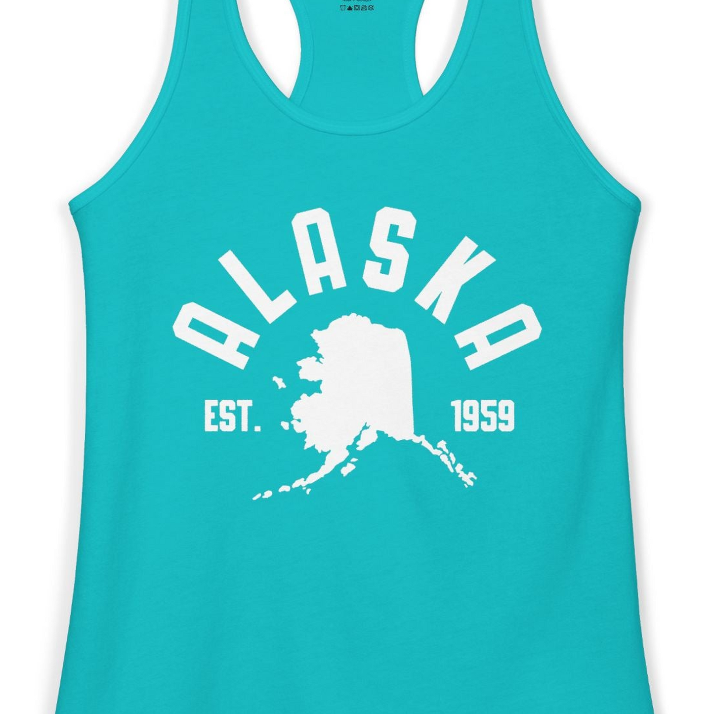 Vintage Alaska State Outline Est 1959 Retro Collegiate Shirt — Ladies Tank Ladies Tank Top – Tahiti Blue – Alaska Cruise Shirts Close Up