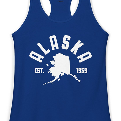 Vintage Alaska State Outline Est 1959 Retro Collegiate Shirt — Ladies Tank Ladies Tank Top – Solid Royal – Alaska Cruise Shirts Close Up