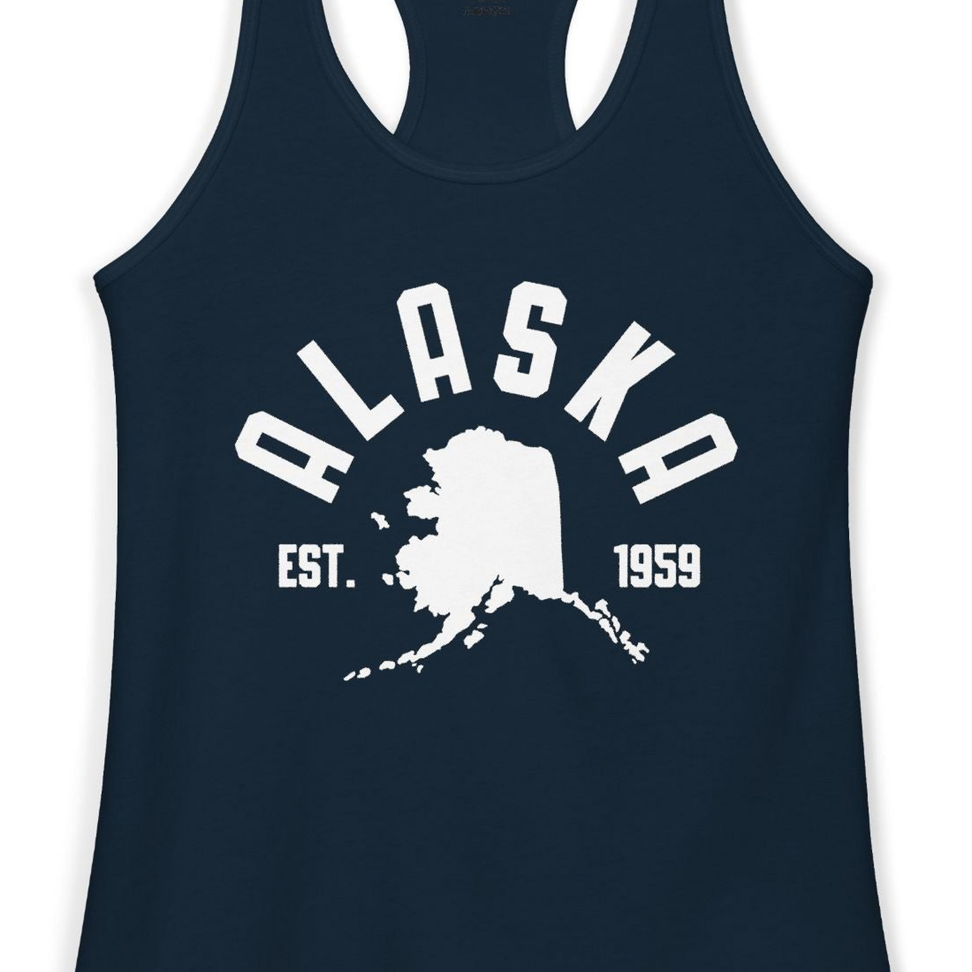 Vintage Alaska State Outline Est 1959 Retro Collegiate Shirt — Ladies Tank Ladies Tank Top – Solid Midnight Navy – Alaska Cruise Shirts Close Up