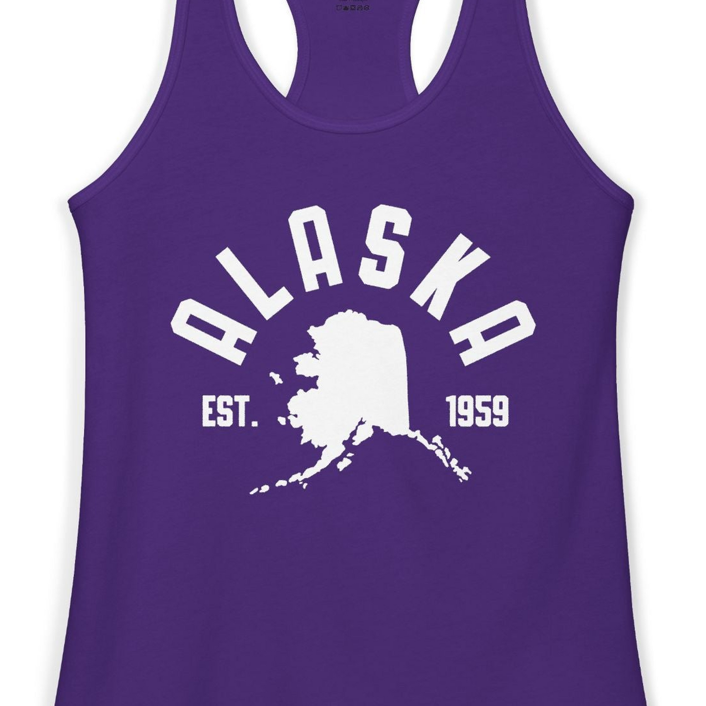 Vintage Alaska State Outline Est 1959 Retro Collegiate Shirt — Ladies Tank Ladies Tank Top – Solid Purple Rush – Alaska Cruise Shirts Close Up