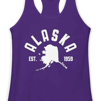 Vintage Alaska State Outline Est 1959 Retro Collegiate Shirt — Ladies Tank Ladies Tank Top – Solid Purple Rush – Alaska Cruise Shirts Close Up
