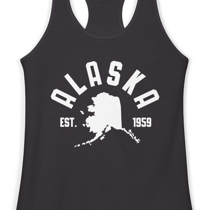 Vintage Alaska State Outline Est 1959 Retro Collegiate Shirt — Ladies Tank Ladies Tank Top – Black – Alaska Cruise Shirts Close Up