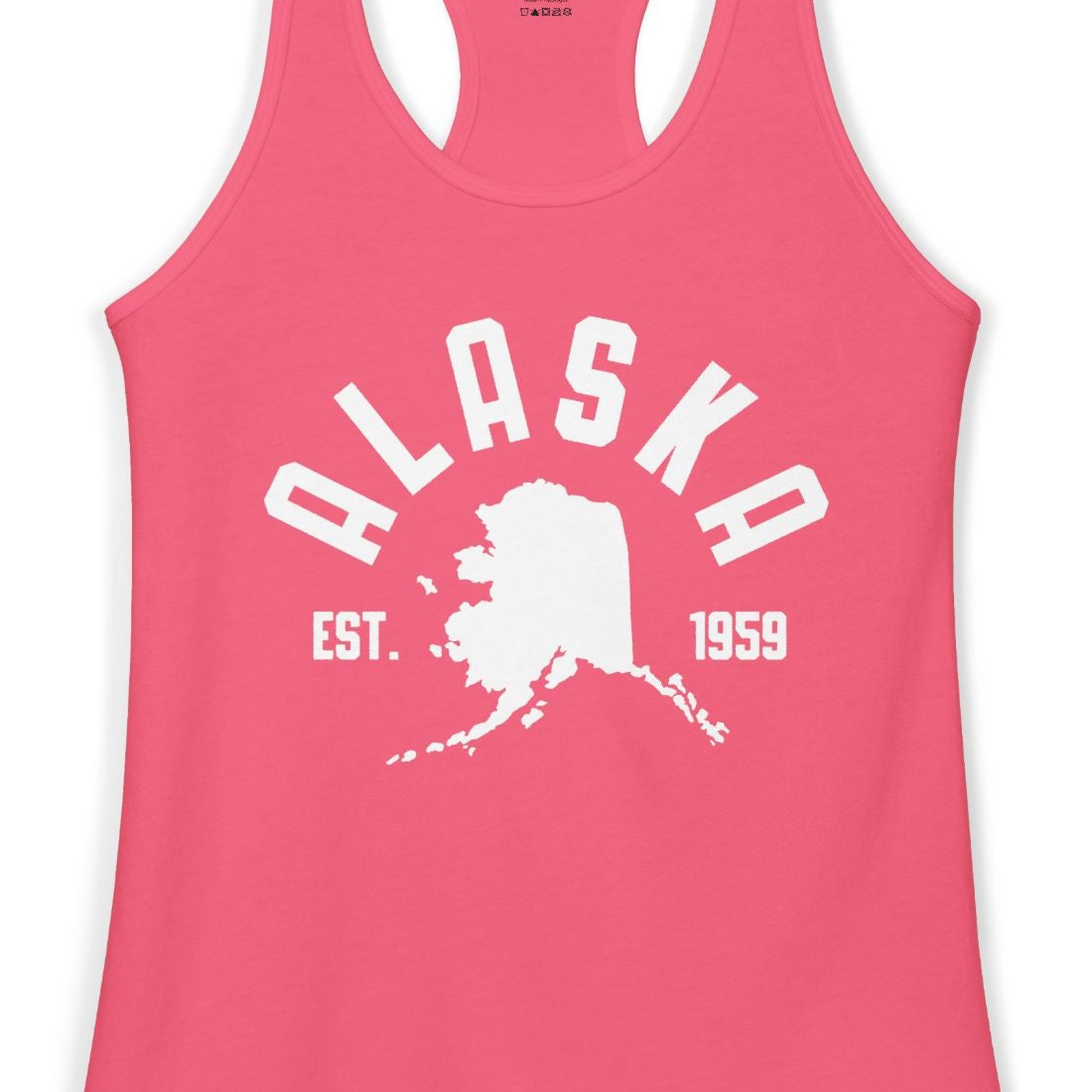Vintage Alaska State Outline Est 1959 Retro Collegiate Shirt — Ladies Tank Ladies Tank Top – Hot Pink – Alaska Cruise Shirts Close Up