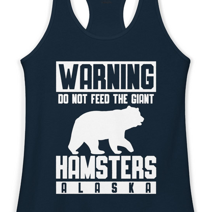 Funny Alaska Bear Giant Hamster Warning Sign Shirt for Travelers — Ladies Tank Ladies Tank Top – Solid Midnight Navy – Alaska Cruise Shirts Close Up