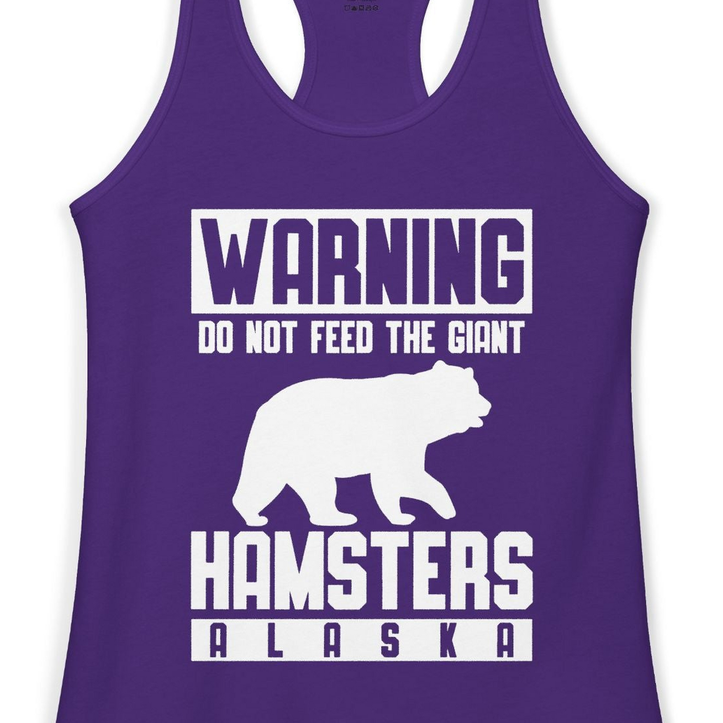 Funny Alaska Bear Giant Hamster Warning Sign Shirt for Travelers — Ladies Tank Ladies Tank Top – Solid Purple Rush – Alaska Cruise Shirts Close Up