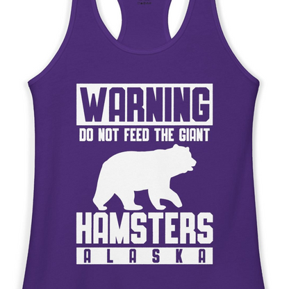 Funny Alaska Bear Giant Hamster Warning Sign Shirt for Travelers — Ladies Tank Ladies Tank Top – Solid Purple Rush – Alaska Cruise Shirts Close Up