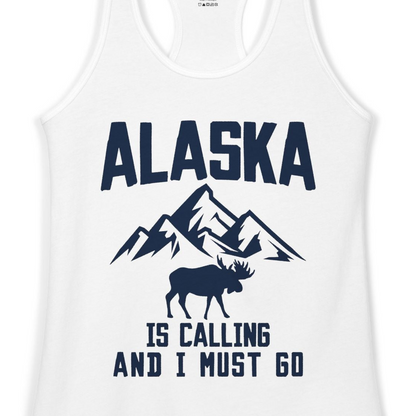 Alaska Is Calling Moose Mountains Adventure Silhouette Nature Shirt — Ladies Tank Ladies Tank Top – White – Alaska Cruise Shirts Close Up