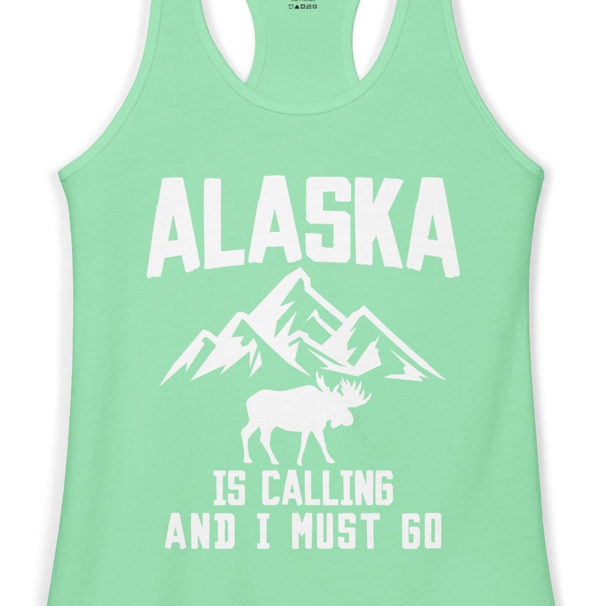 Alaska Is Calling Moose Mountains Adventure Silhouette Nature Shirt — Ladies Tank Ladies Tank Top – Solid Mint – Alaska Cruise Shirts Close Up