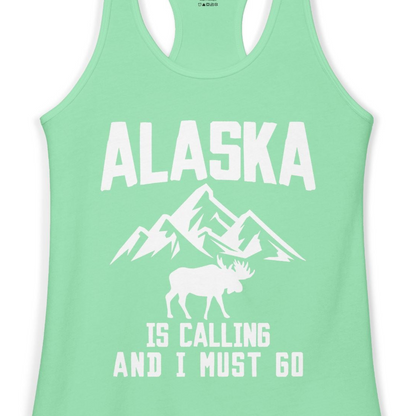 Alaska Is Calling Moose Mountains Adventure Silhouette Nature Shirt — Ladies Tank Ladies Tank Top – Solid Mint – Alaska Cruise Shirts Close Up