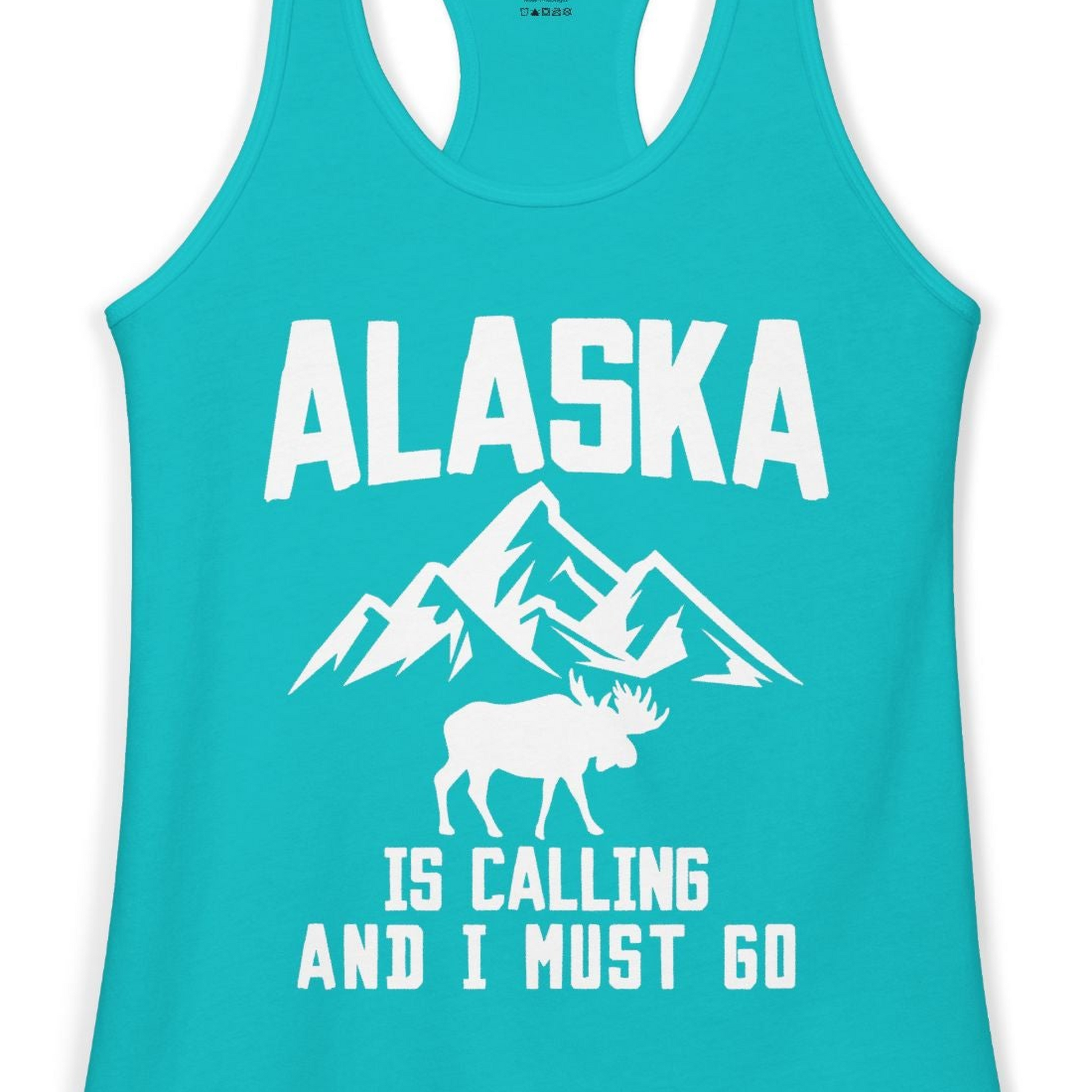 Alaska Is Calling Moose Mountains Adventure Silhouette Nature Shirt — Ladies Tank Ladies Tank Top – Tahiti Blue – Alaska Cruise Shirts Close Up