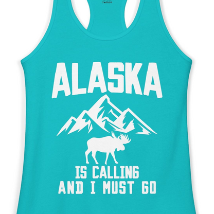 Alaska Is Calling Moose Mountains Adventure Silhouette Nature Shirt — Ladies Tank Ladies Tank Top – Tahiti Blue – Alaska Cruise Shirts Close Up