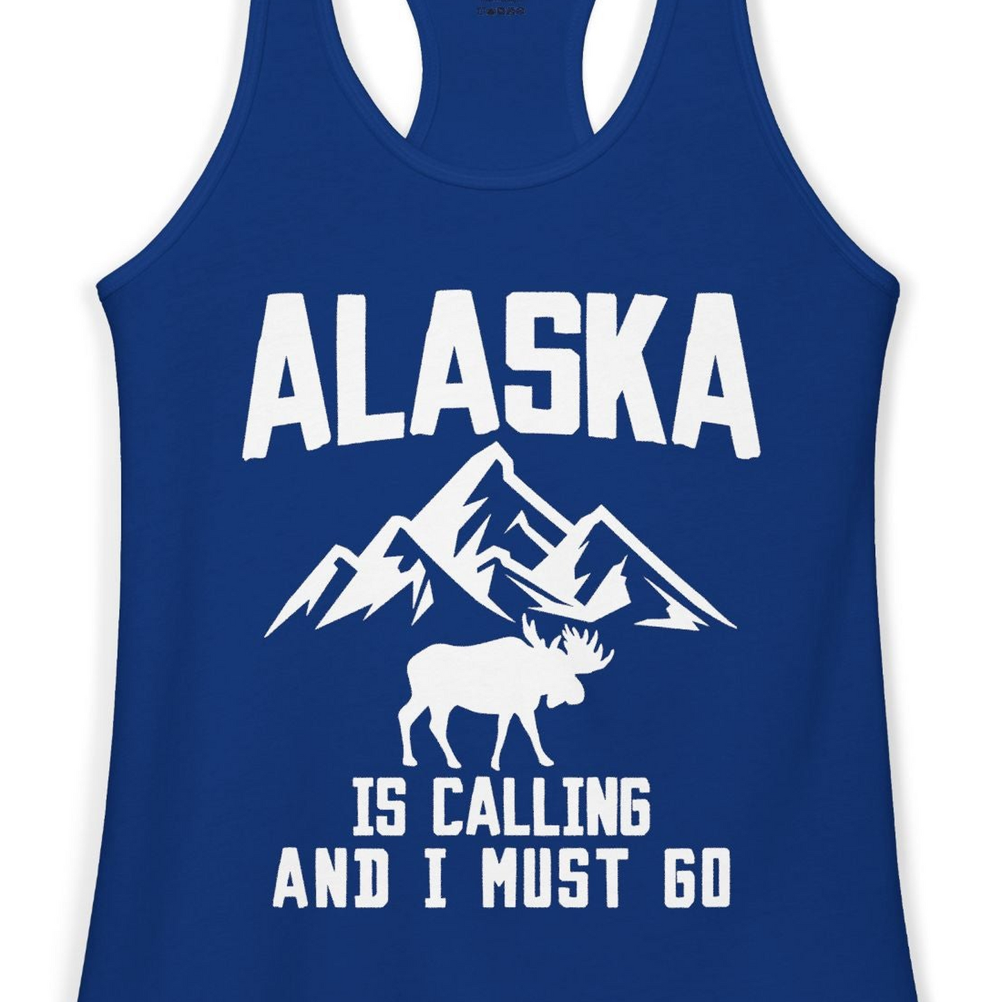 Alaska Is Calling Moose Mountains Adventure Silhouette Nature Shirt — Ladies Tank Ladies Tank Top – Solid Royal – Alaska Cruise Shirts Close Up