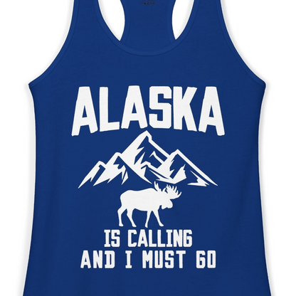 Alaska Is Calling Moose Mountains Adventure Silhouette Nature Shirt — Ladies Tank Ladies Tank Top – Solid Royal – Alaska Cruise Shirts Close Up