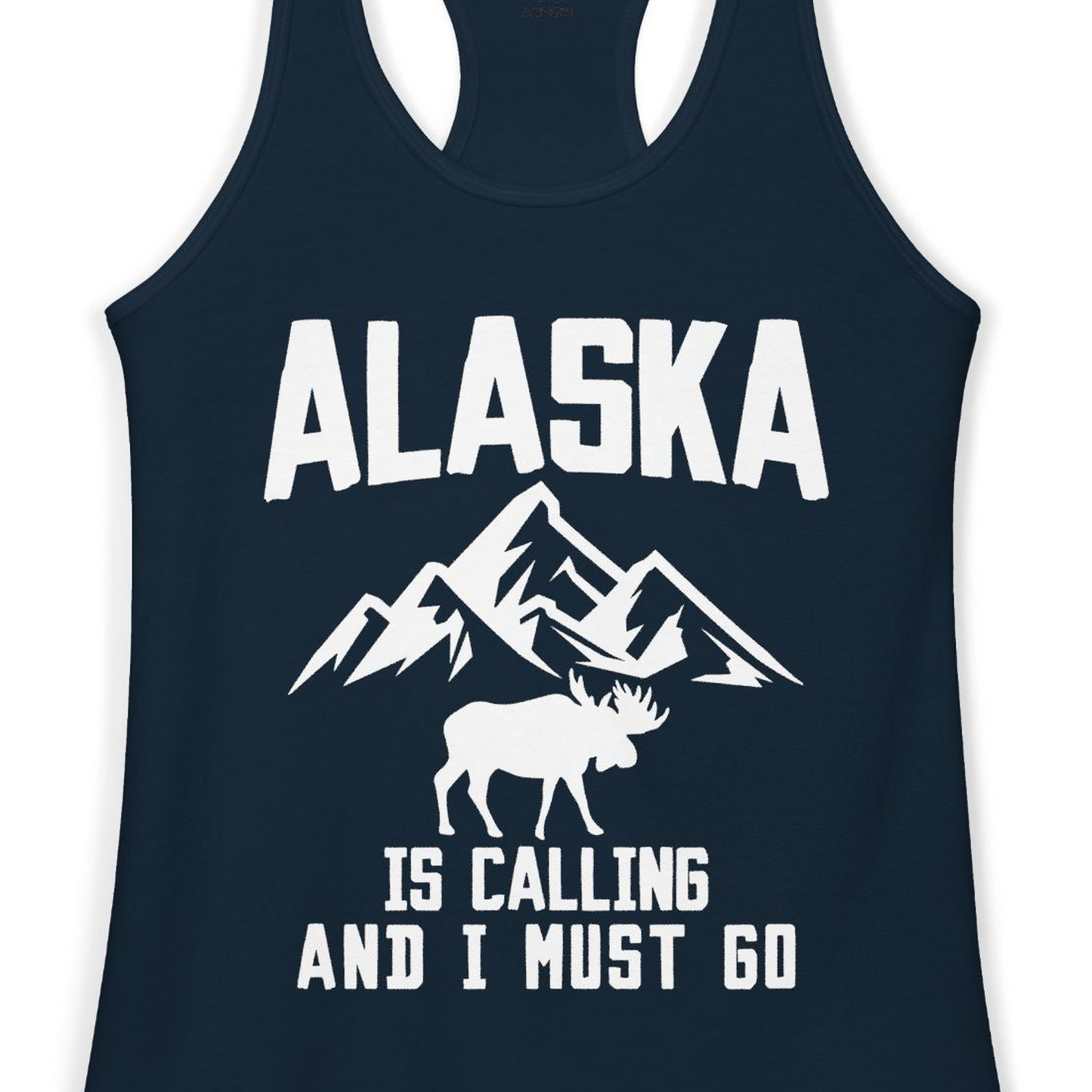 Alaska Is Calling Moose Mountains Adventure Silhouette Nature Shirt — Ladies Tank Ladies Tank Top – Solid Midnight Navy – Alaska Cruise Shirts Close Up