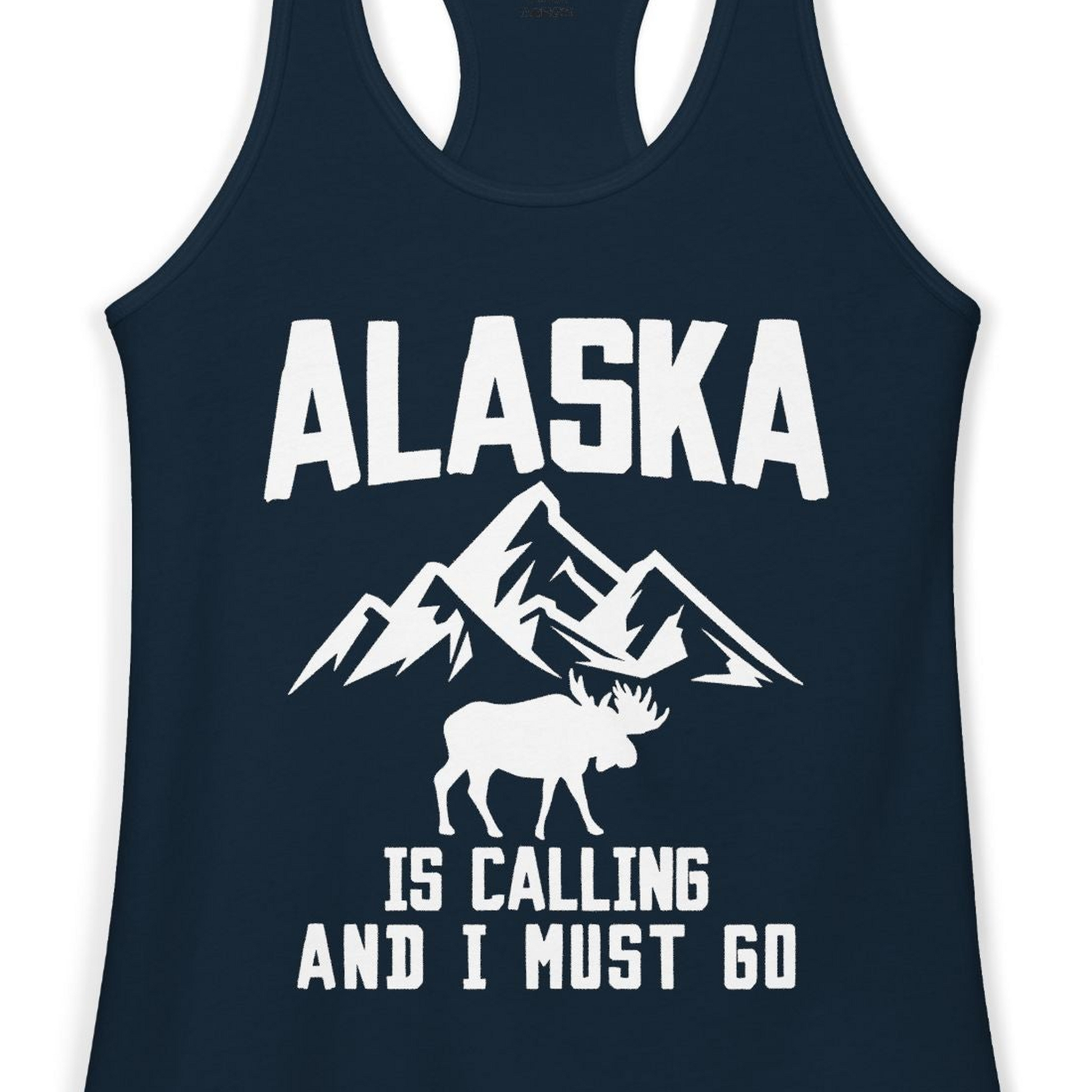 Alaska Is Calling Moose Mountains Adventure Silhouette Nature Shirt — Ladies Tank Ladies Tank Top – Solid Midnight Navy – Alaska Cruise Shirts Close Up