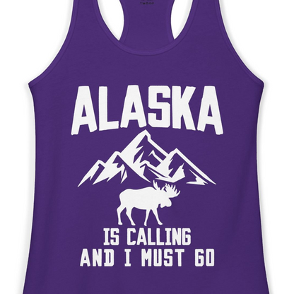 Alaska Is Calling Moose Mountains Adventure Silhouette Nature Shirt — Ladies Tank Ladies Tank Top – Solid Purple Rush – Alaska Cruise Shirts Close Up