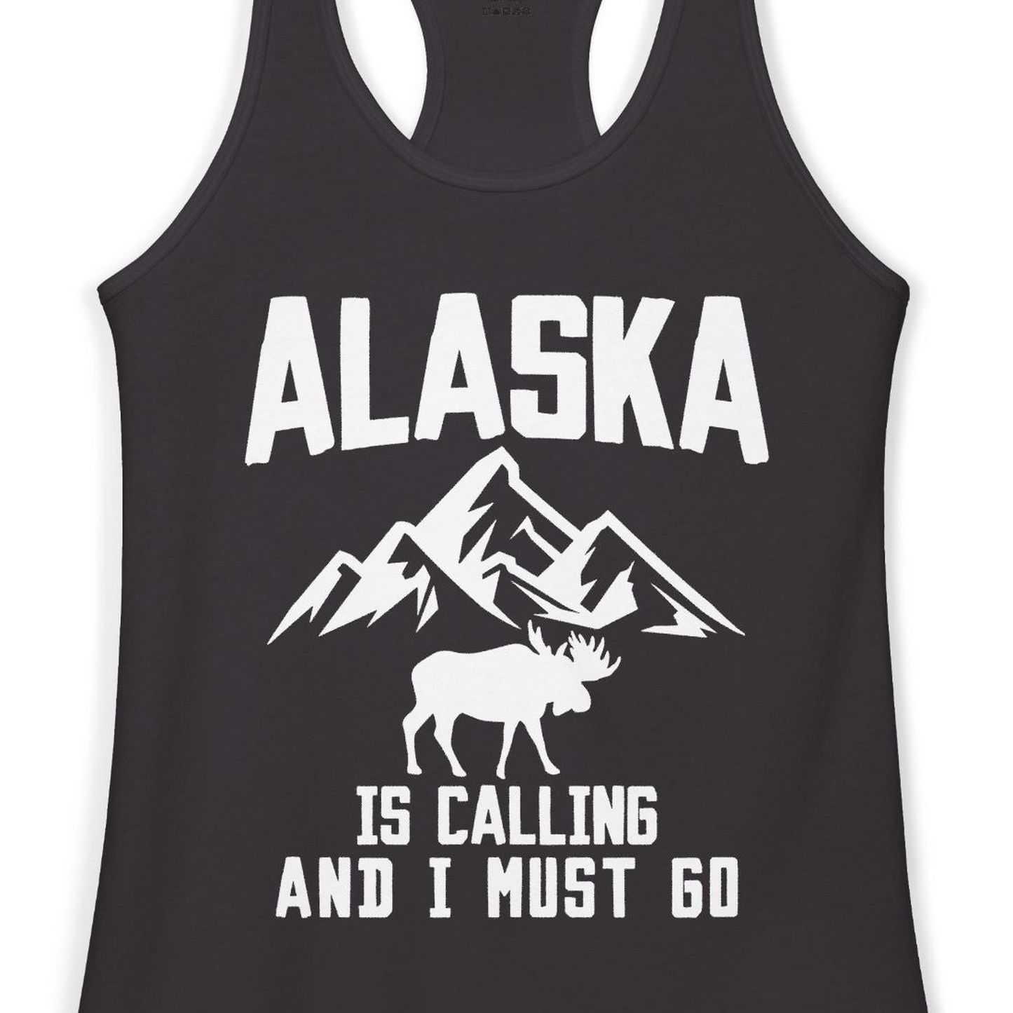 Alaska Is Calling Moose Mountains Adventure Silhouette Nature Shirt — Ladies Tank Ladies Tank Top – Black – Alaska Cruise Shirts Close Up