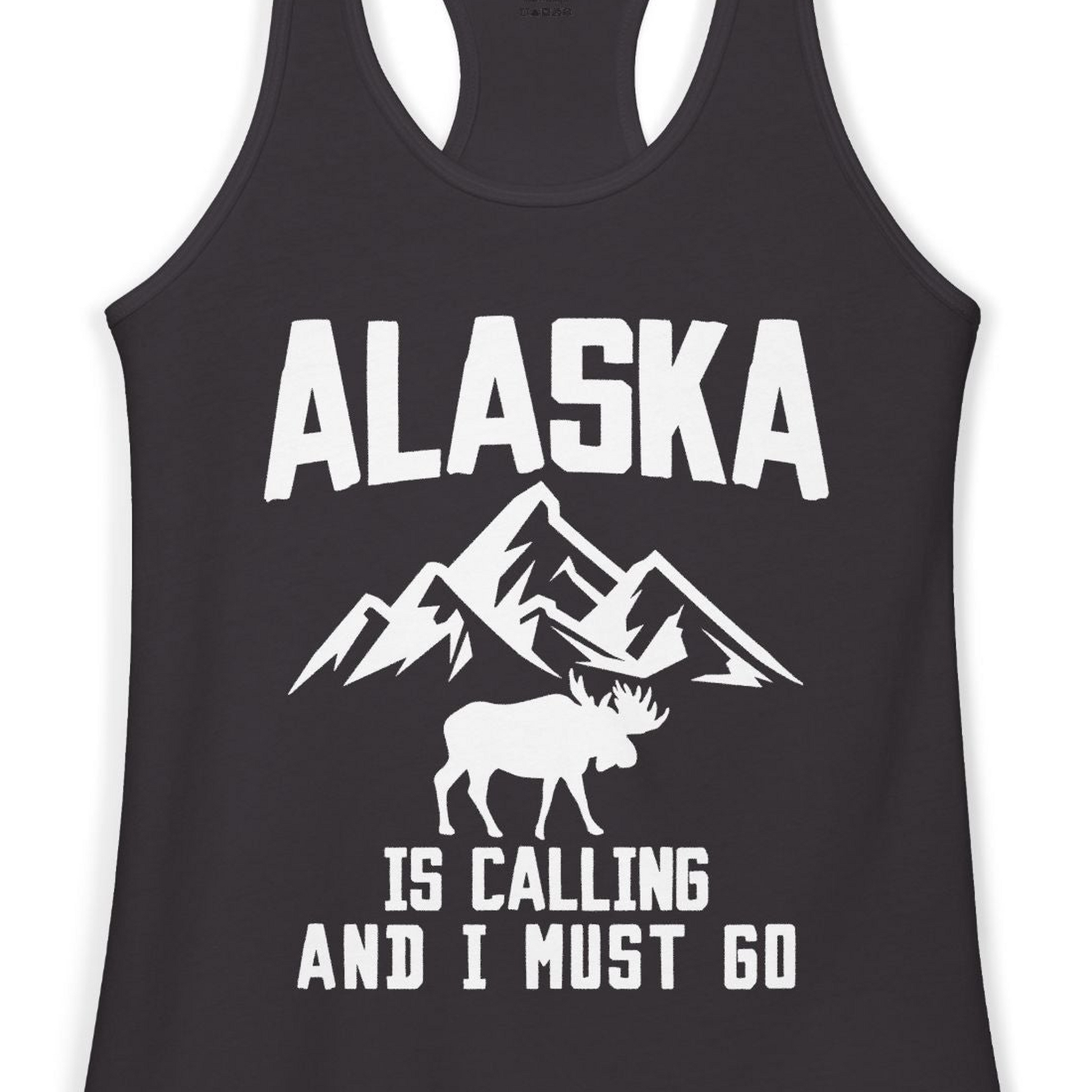 Alaska Is Calling Moose Mountains Adventure Silhouette Nature Shirt — Ladies Tank Ladies Tank Top – Black – Alaska Cruise Shirts Close Up