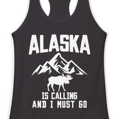 Alaska Is Calling Moose Mountains Adventure Silhouette Nature Shirt — Ladies Tank Ladies Tank Top – Black – Alaska Cruise Shirts Close Up