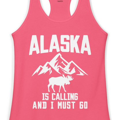 Alaska Is Calling Moose Mountains Adventure Silhouette Nature Shirt — Ladies Tank Ladies Tank Top – Hot Pink – Alaska Cruise Shirts Close Up