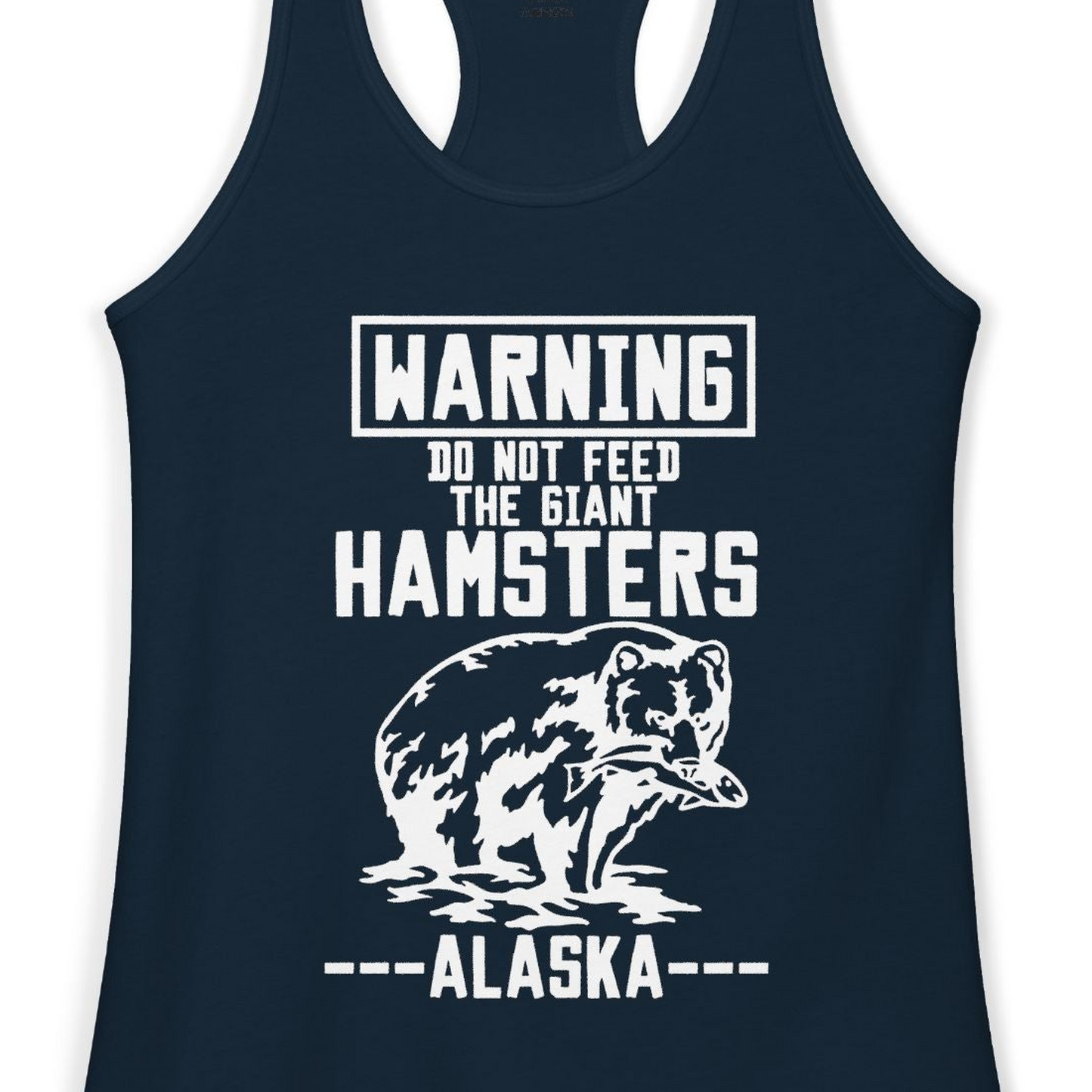 Funny Alaska Bear Warning Sign Shirt Ladies Tank Top – Solid Midnight Navy – Alaska Cruise Shirts Close Up