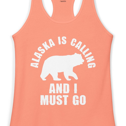 Alaska Is Calling Bear Silhouette Adventure Shirt Ladies Tank Top – Solid Light Orange – Alaska Cruise Shirts Close Up