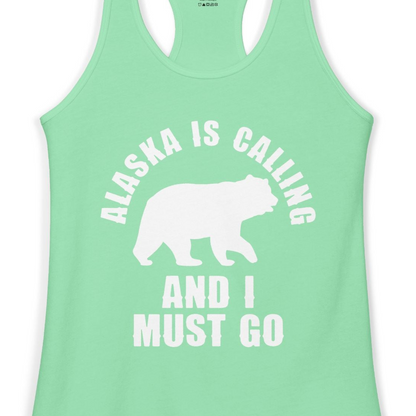 Alaska Is Calling Bear Silhouette Adventure Shirt Ladies Tank Top – Solid Mint – Alaska Cruise Shirts Close Up