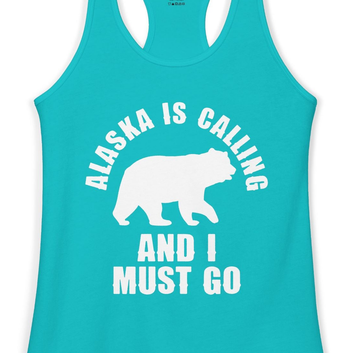 Alaska Is Calling Bear Silhouette Adventure Shirt Ladies Tank Top – Tahiti Blue – Alaska Cruise Shirts Close Up