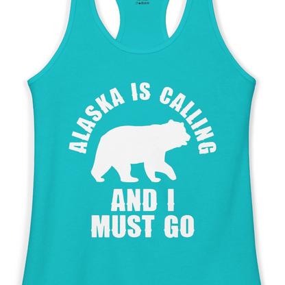 Alaska Is Calling Bear Silhouette Adventure Shirt Ladies Tank Top – Tahiti Blue – Alaska Cruise Shirts Close Up