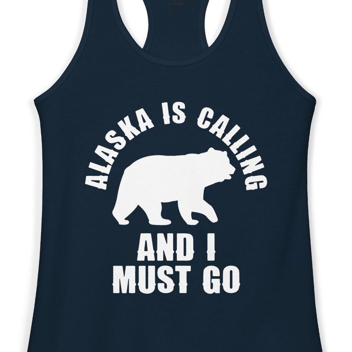 Alaska Is Calling Bear Silhouette Adventure Shirt Ladies Tank Top – Solid Midnight Navy – Alaska Cruise Shirts Close Up