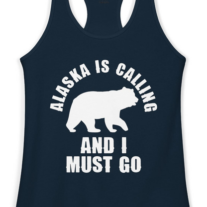 Alaska Is Calling Bear Silhouette Adventure Shirt Ladies Tank Top – Solid Midnight Navy – Alaska Cruise Shirts Close Up