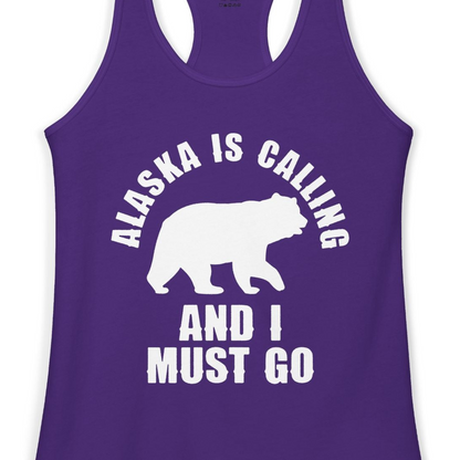 Alaska Is Calling Bear Silhouette Adventure Shirt Ladies Tank Top – Solid Purple Rush – Alaska Cruise Shirts Close Up