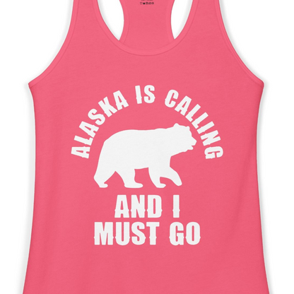 Alaska Is Calling Bear Silhouette Adventure Shirt Ladies Tank Top – Hot Pink – Alaska Cruise Shirts Close Up