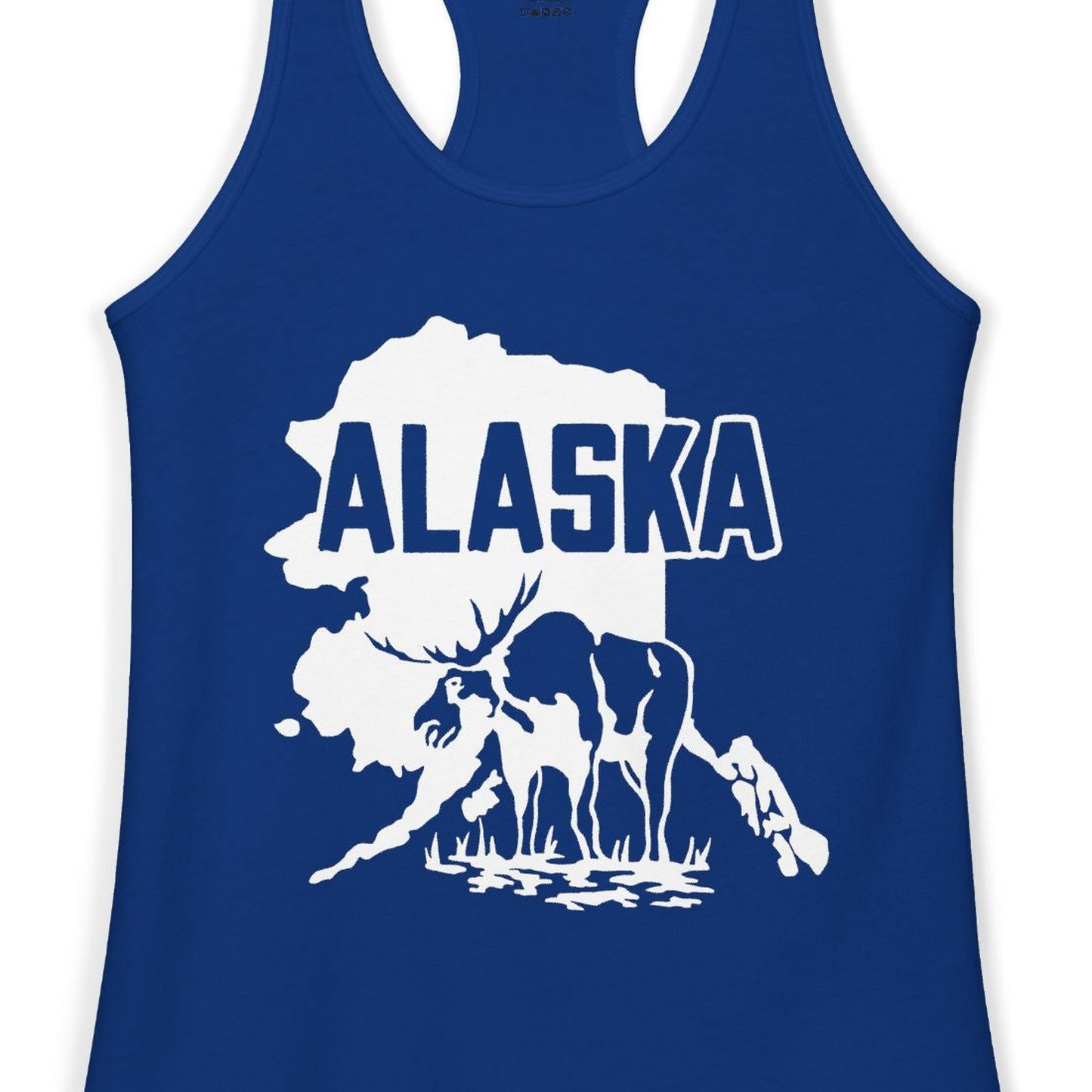 Alaska Moose Silhouette Shirt Ladies Tank Top – Solid Royal – Alaska Cruise Shirts Close Up