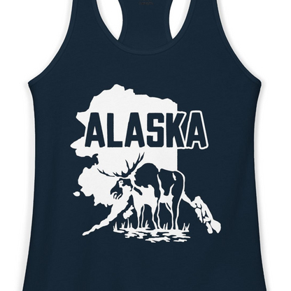 Alaska Moose Silhouette Shirt Ladies Tank Top – Solid Midnight Navy – Alaska Cruise Shirts Close Up