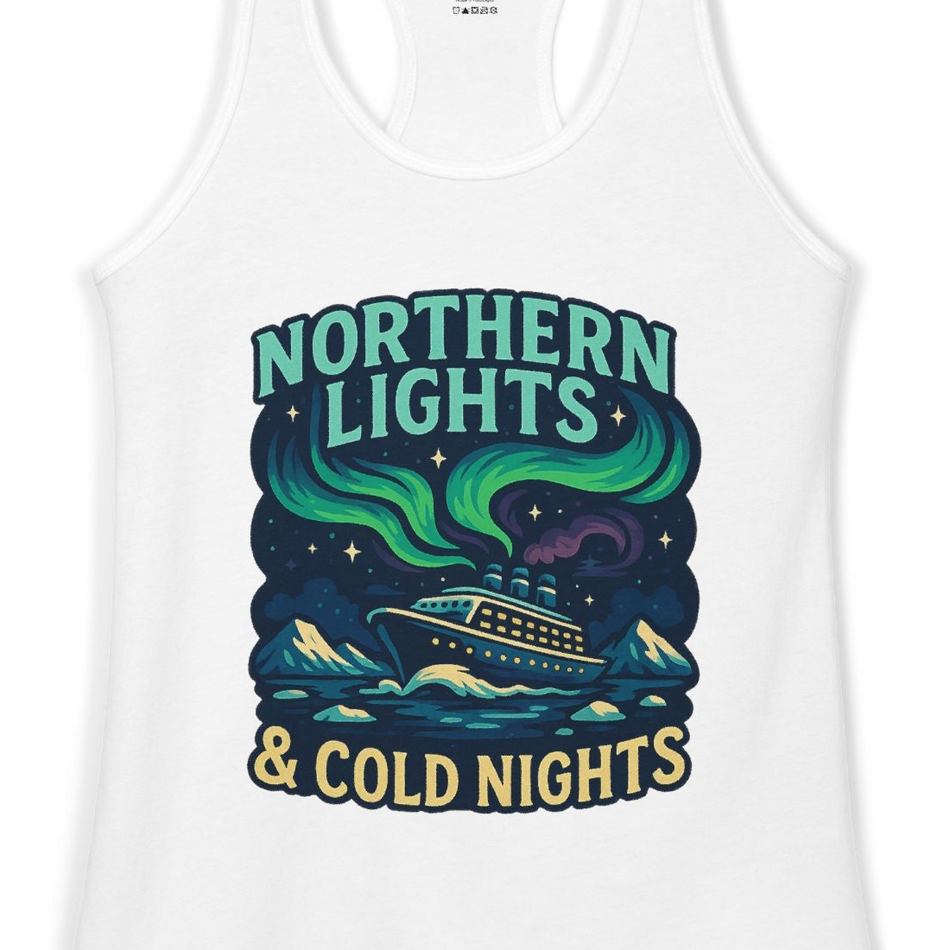 Northern Lights Alaska Cruise Ship Night Adventure Travel Shirt — Ladies Tank Ladies Tank Top – White – Alaska Cruise Shirts Close Up