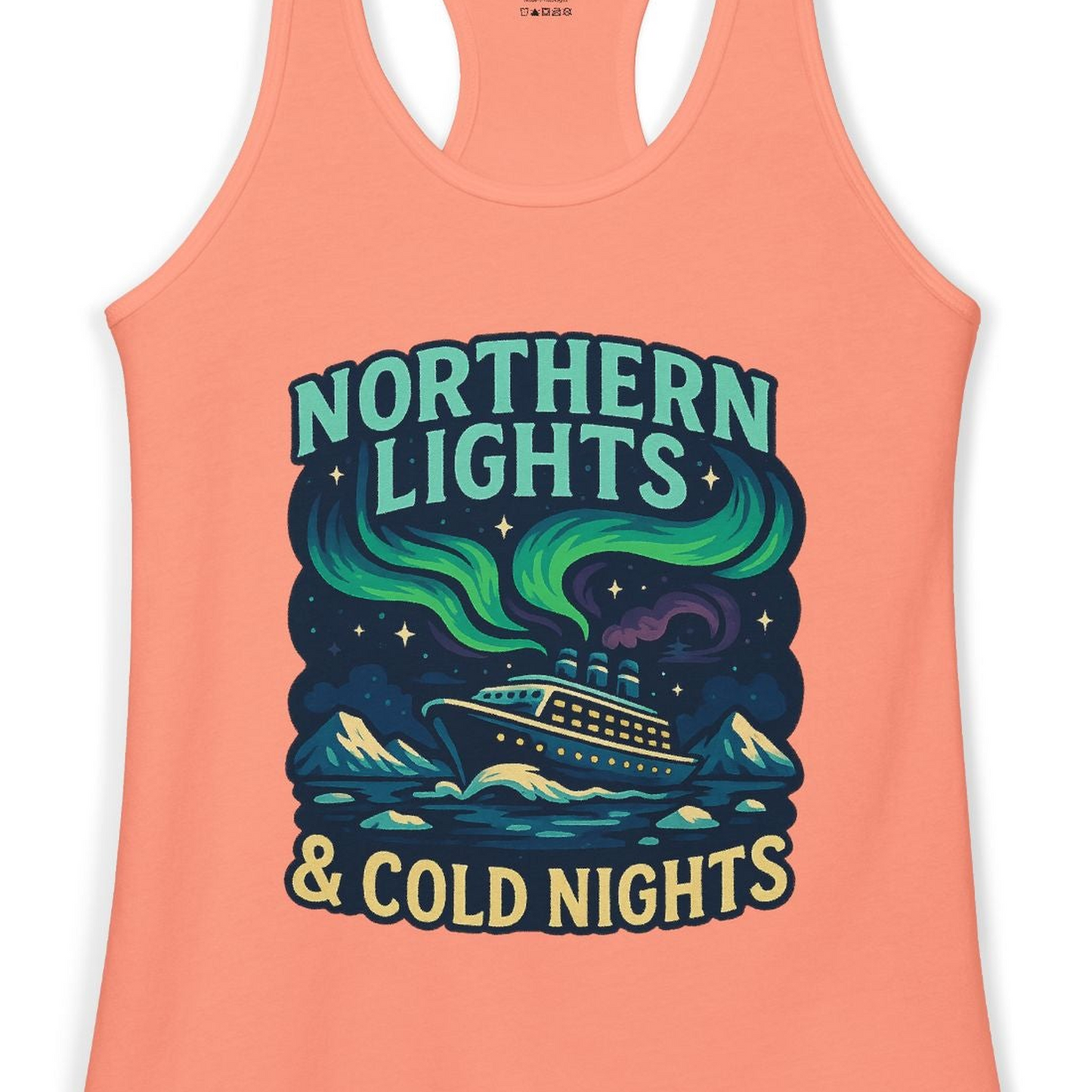 Northern Lights Alaska Cruise Ship Night Adventure Travel Shirt — Ladies Tank Ladies Tank Top – Solid Light Orange – Alaska Cruise Shirts Close Up