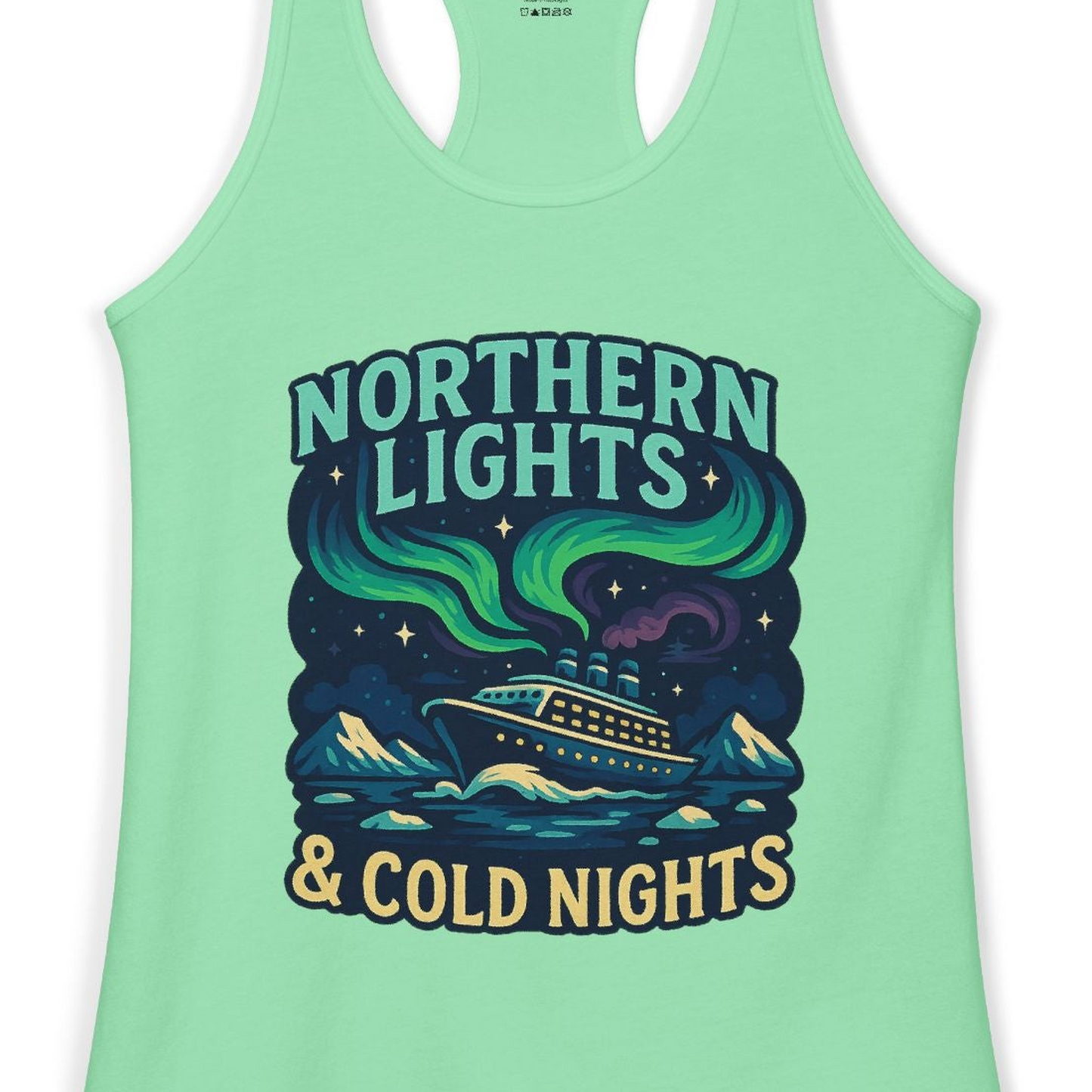 Northern Lights Alaska Cruise Ship Night Adventure Travel Shirt — Ladies Tank Ladies Tank Top – Solid Mint – Alaska Cruise Shirts Close Up