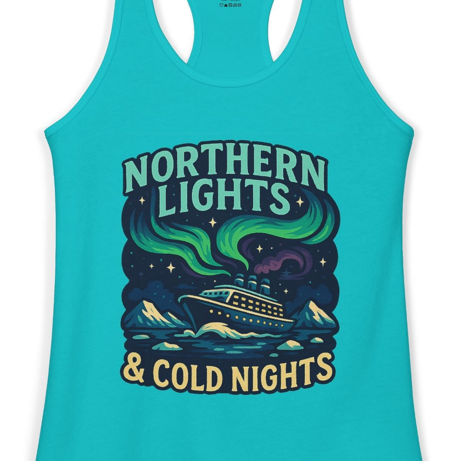 Northern Lights Alaska Cruise Ship Night Adventure Travel Shirt — Ladies Tank Ladies Tank Top – Tahiti Blue – Alaska Cruise Shirts Close Up