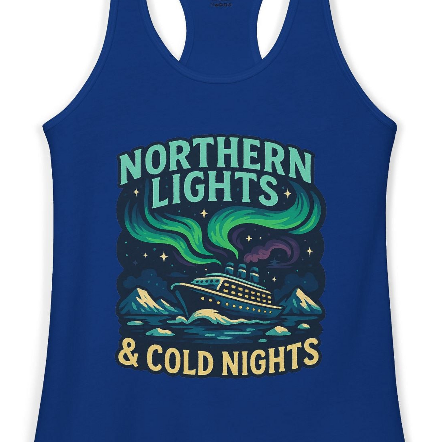 Northern Lights Alaska Cruise Ship Night Adventure Travel Shirt — Ladies Tank Ladies Tank Top – Solid Royal – Alaska Cruise Shirts Close Up