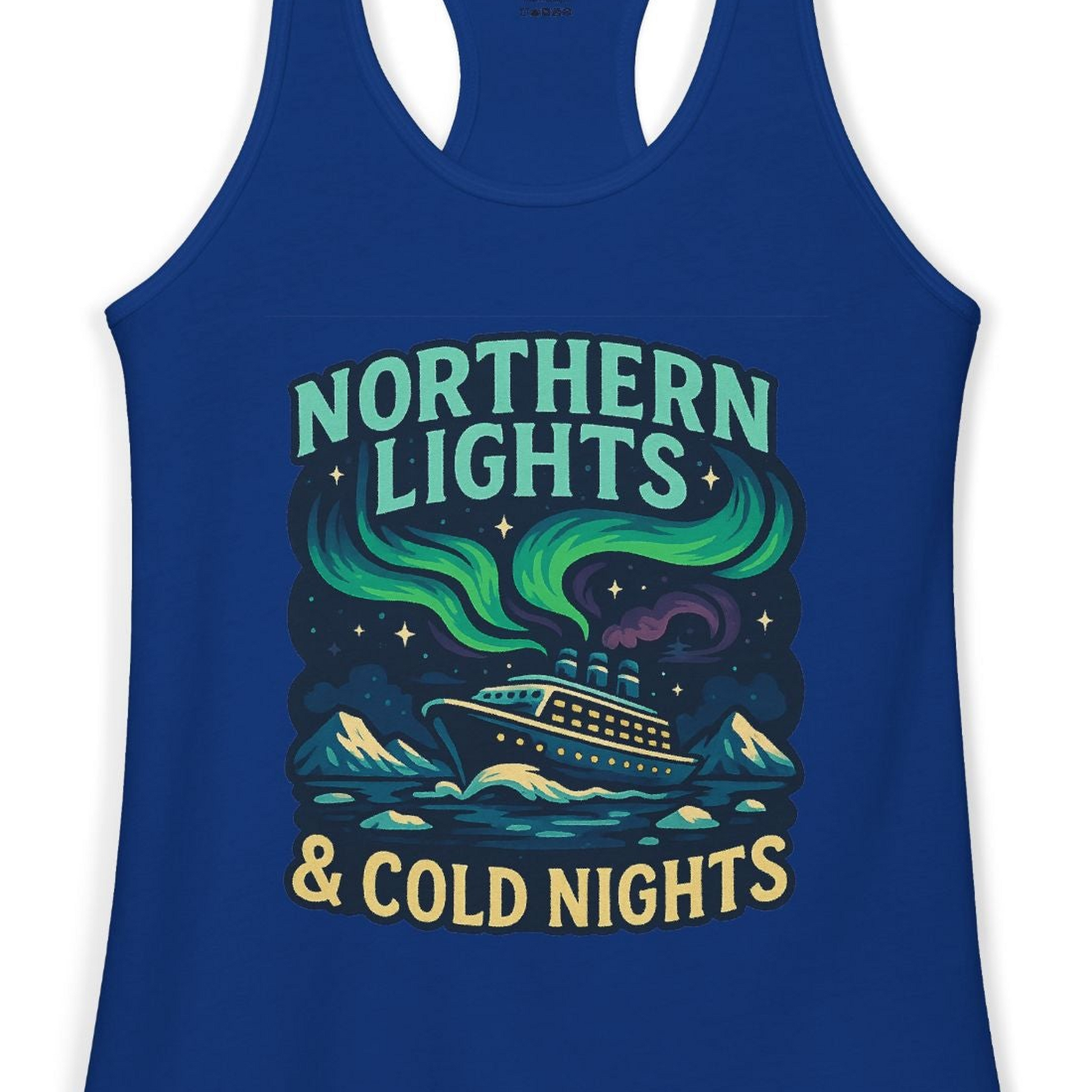 Northern Lights Alaska Cruise Ship Night Adventure Travel Shirt — Ladies Tank Ladies Tank Top – Solid Royal – Alaska Cruise Shirts Close Up